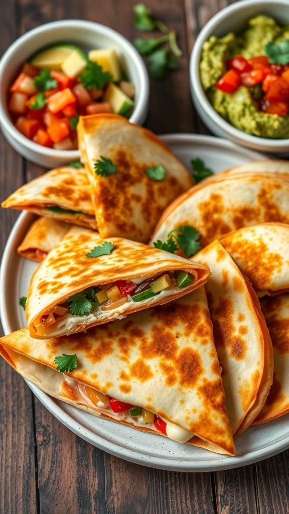 Golden-brown quesadillas filled with cheese and vegetables, served with salsa and guacamole on a wooden table.